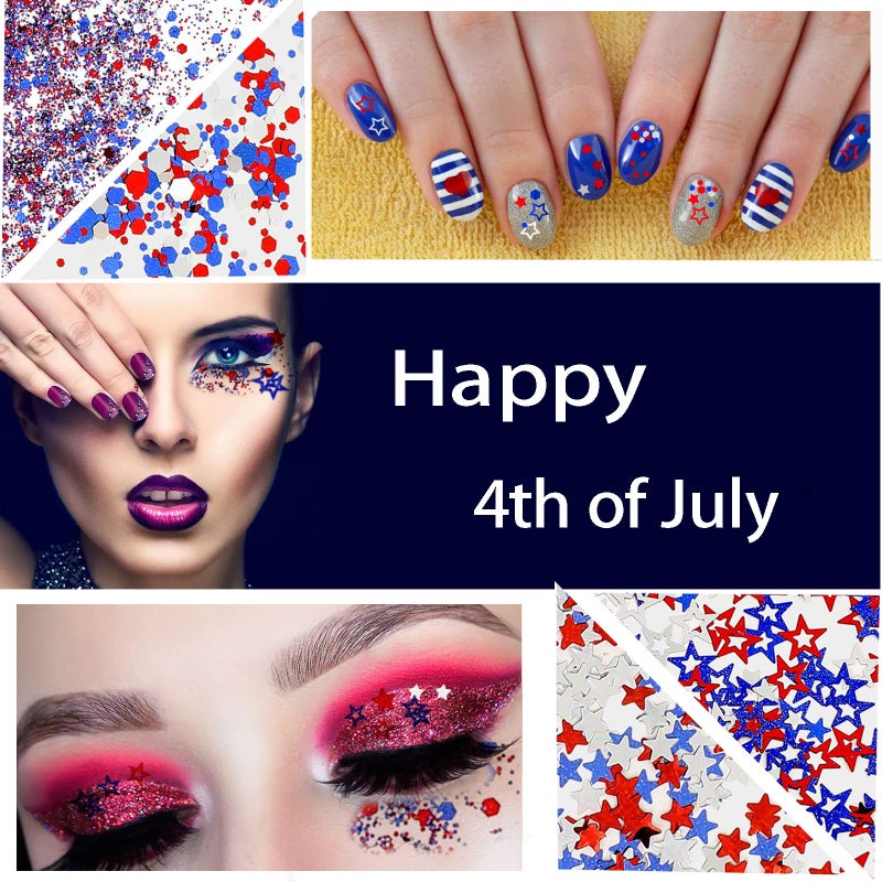Furimuk Independence Day Star Glitter 4th of July Nail Art Sequins,6 Boxes Holographic Nail Decals Mixed Star Hollow Hexagon Circles Confetti Shaped for Women Girls Face Body Nail Decoration - Image 3